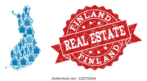 Real Estate collage of blue mosaic map of Finland and unclean seal. Vector red imprint with unclean rubber texture. Mosaic map of Finland designed with buildings and population.