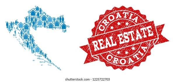 Real Estate collage of blue mosaic map of Croatia and unclean stamp. Vector red watermark with corroded rubber texture. Mosaic map of Croatia designed with buildings and persons.