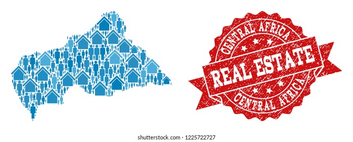 Real Estate collage of blue mosaic map of Central African Republic and grunge seal stamp. Vector red seal with corroded rubber texture.