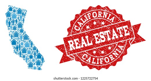 Real Estate collage of blue mosaic map of California and rubber seal stamp. Vector red watermark with unclean rubber texture. Mosaic map of California designed with buildings and people.
