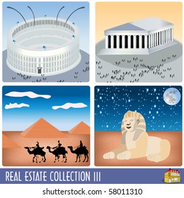 Real estate collection 3, famous ancient buildings: Colosseum, Parthenon, Pyramids and Sphinx