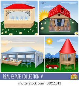 Real estate collection 5, different kind of buildings and a large tent.