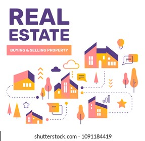 Real estate color concept. Vector creative business illustration with house, tree, title on white background. Flat style template design for web, site, banner, cover 