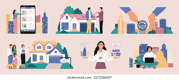 Real estate color set with isolated compositions of realtor agents with clients and property on sale vector illustration