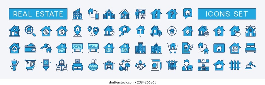 Real Estate colours web icon set. House, realty, property, mortgage, home loan, rent, key, buy, sell, insurance and more for app and website. Outline icons collection. Vector illustration