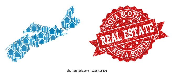 Real Estate combination of blue mosaic map of Nova Scotia Province and corroded seal stamp. Vector red imprint with distress rubber texture.