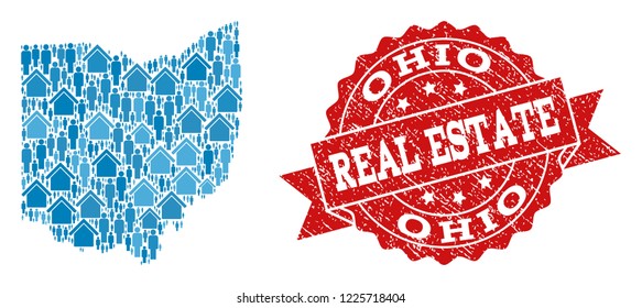 Real Estate combination of blue mosaic map of Ohio State and unclean seal. Vector red seal with scratched rubber texture. Mosaic map of Ohio State constructed with homes and persons.