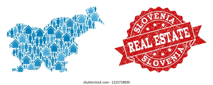 Real Estate combination of blue mosaic map of Slovenia and textured seal. Vector red watermark with corroded rubber texture. Mosaic map of Slovenia constructed with buildings and population.