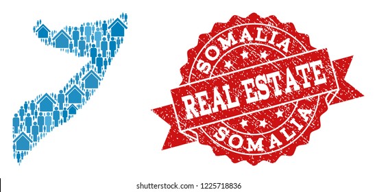 Real Estate combination of blue mosaic map of Somalia and corroded stamp. Vector red watermark with corroded rubber texture. Mosaic map of Somalia designed with homes and population.