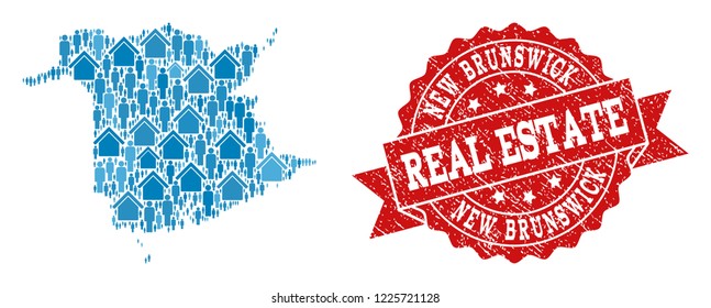 Real Estate combination of blue mosaic map of New Brunswick Province and grunge stamp. Vector red watermark with grunge rubber texture.