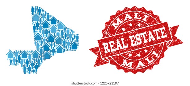Real Estate combination of blue mosaic map of Mali and unclean stamp. Vector red watermark with unclean rubber texture. Mosaic map of Mali constructed with homes and population.