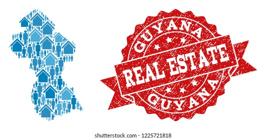 Real Estate combination of blue mosaic map of Guyana and grunge stamp. Vector red imprint with distress rubber texture. Mosaic map of Guyana constructed with realty and men.