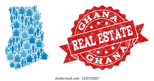 Real Estate combination of blue mosaic map of Ghana and corroded seal stamp. Vector red watermark with grunge rubber texture. Mosaic map of Ghana designed with homes and persons.