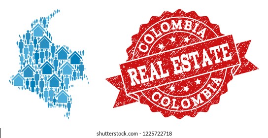 Real Estate combination of blue mosaic map of Colombia and scratched seal. Vector red imprint with corroded rubber texture. Mosaic map of Colombia constructed with houses and people.