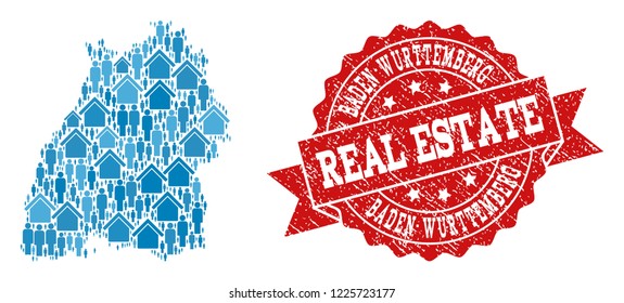Real Estate combination of blue mosaic map of Baden-Wurttemberg State and rubber seal stamp. Vector red seal with unclean rubber texture.