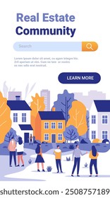 Real estate community people interacting outdoors colorful houses trees cityscape modern flat design