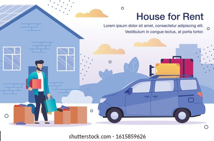 Real Estate Company or Agency Renting Service Trendy Flat Vector Advertising Banner, Promo Poster Template. Man Transporting, Carrying Cardboard Boxes Filled Home Stuff to Rental House Illustration