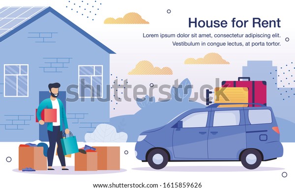 Real Estate Company or Agency Renting\
Service Trendy Flat Vector Advertising Banner, Promo Poster\
Template. Man Transporting, Carrying Cardboard Boxes Filled Home\
Stuff to Rental House\
Illustration