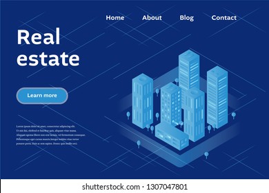 Real estate company concept. Vector illustration of city with buildings, skyscrapers. Urban cityscape in modern isometric style.
