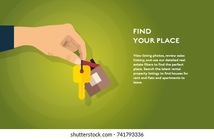 Real estate company concept vector flat poster design.Illustration of hand holding a key from house with place for text
