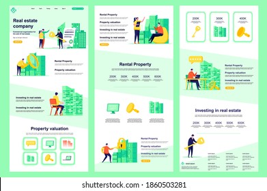 Immobilienfirma flach Landing Page. Mietobjekte, Kauf, Verkauf und Hypotheken Corporate Website Design. Webbanner mit Header, mittlerem Inhalt, Fußzeile. Vektorgrafik mit Menschen-Zeichen.