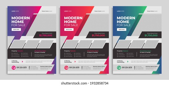 Real estate company flyer template design. Modern home sale poster with abstract geometric shape. Creative banner for housing or property business agency. Digital online marketing and promotion cover.