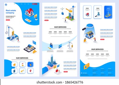 Immobilienfirma isometrische Landungsseite. Design-Vorlage für Mietobjekte, Kauf, Verkauf und Hypotheken-Corporate-Website. Webbanner mit Header, mittlerem Inhalt, Fußzeile. Isometrische Vektorgrafik.