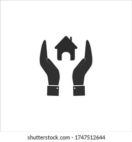 Real estate company logo, image of a house between hands, vector illustration
