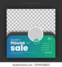 Real estate company property promotion social media cover, modern and luxury house for sale social media post design template, web banner, advertising discount template with green gradient color shape