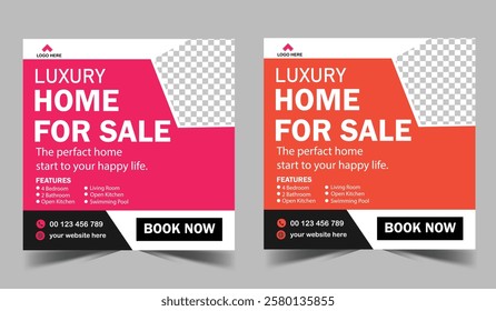 Real estate company property promotion social media cover, modern and luxury house for sale social media post design template, web banner, advertising discount template.