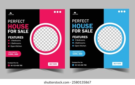 Real estate company property promotion social media cover, modern and luxury house for sale social media post design template, web banner, advertising discount template.