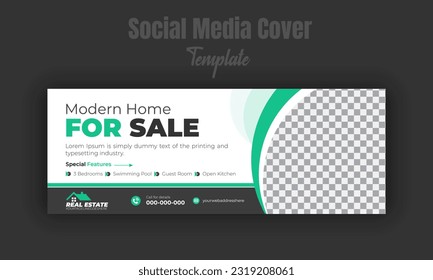 Real estate company social media cover design template, modern house for sale promotion timeline post, web banner, abstract minimal green gradient and black color shape with white background