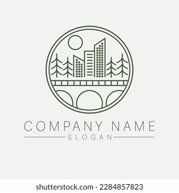 Real estate company vector logo design. Bridge and city modern logotype. City landscape flat logo template.