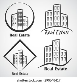 Real Estate company vector logotype. Logo building construction icon. Rent city apartment.