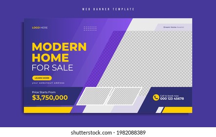 Real estate company web banner template design. Modern home, house or property sale promotion cover or flyer with logo and icon for social media. Online marketing video thumbnail graphic background.