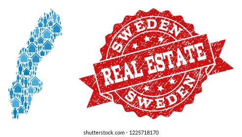 Real Estate composition of blue mosaic map of Sweden and rubber stamp. Vector red imprint with corroded rubber texture. Mosaic map of Sweden designed with homes and population.