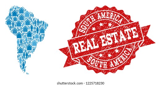 Real Estate composition of blue mosaic map of South America and unclean stamp. Vector red watermark with corroded rubber texture. Mosaic map of South America constructed with houses and persons.