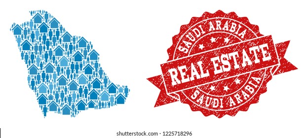 Real Estate composition of blue mosaic map of Saudi Arabia and scratched seal stamp. Vector red seal with unclean rubber texture. Mosaic map of Saudi Arabia constructed with houses and people.