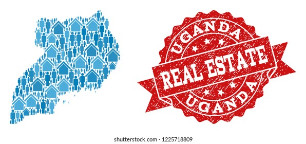 Real Estate composition of blue mosaic map of Uganda and unclean seal. Vector red imprint with scratched rubber texture. Mosaic map of Uganda designed with realty and people.