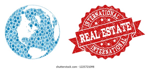 Real Estate composition of blue mosaic map of global world and unclean seal stamp. Vector red watermark with unclean rubber texture.