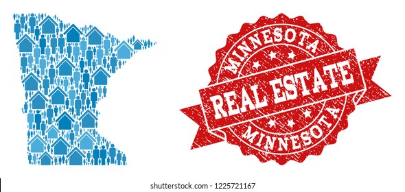 Real Estate composition of blue mosaic map of Minnesota State and unclean seal. Vector red imprint with unclean rubber texture. Mosaic map of Minnesota State designed with properties and population.