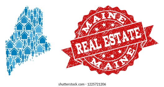 Real Estate composition of blue mosaic map of Maine State and scratched stamp. Vector red seal with grunge rubber texture. Mosaic map of Maine State designed with properties and people.