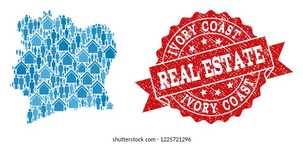 Real Estate composition of blue mosaic map of Ivory Coast and corroded seal. Vector red watermark with distress rubber texture. Mosaic map of Ivory Coast designed with buildings and men.