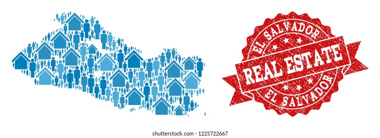 Real Estate composition of blue mosaic map of El Salvador and corroded seal. Vector red imprint with grunge rubber texture. Mosaic map of El Salvador designed with homes and men.