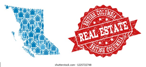 Real Estate composition of blue mosaic map of British Columbia Province and corroded seal. Vector red imprint with corroded rubber texture.