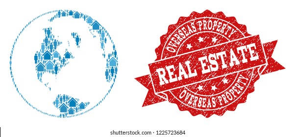 Real Estate composition of blue mosaic global map of world and scratched seal stamp. Vector red seal with grunge rubber texture. Mosaic global map of world constructed with houses and population.