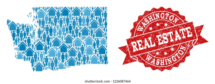 Real Estate composition of blue mosaic map of Washington State and unclean stamp. Vector red seal with unclean rubber texture. Mosaic map of Washington State designed with properties and people.