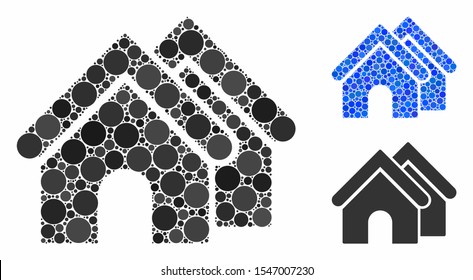 Real estate composition of small circles in different sizes and shades, based on real estate icon. Vector filled circles are united into blue mosaic.