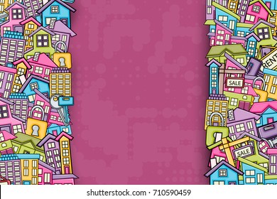 Real estate concept in 3d cartoon doodles background design. Hand drawn colorful vector illustration.