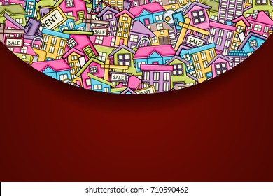 Real estate concept in 3d cartoon doodles background design. Hand drawn colorful vector illustration.